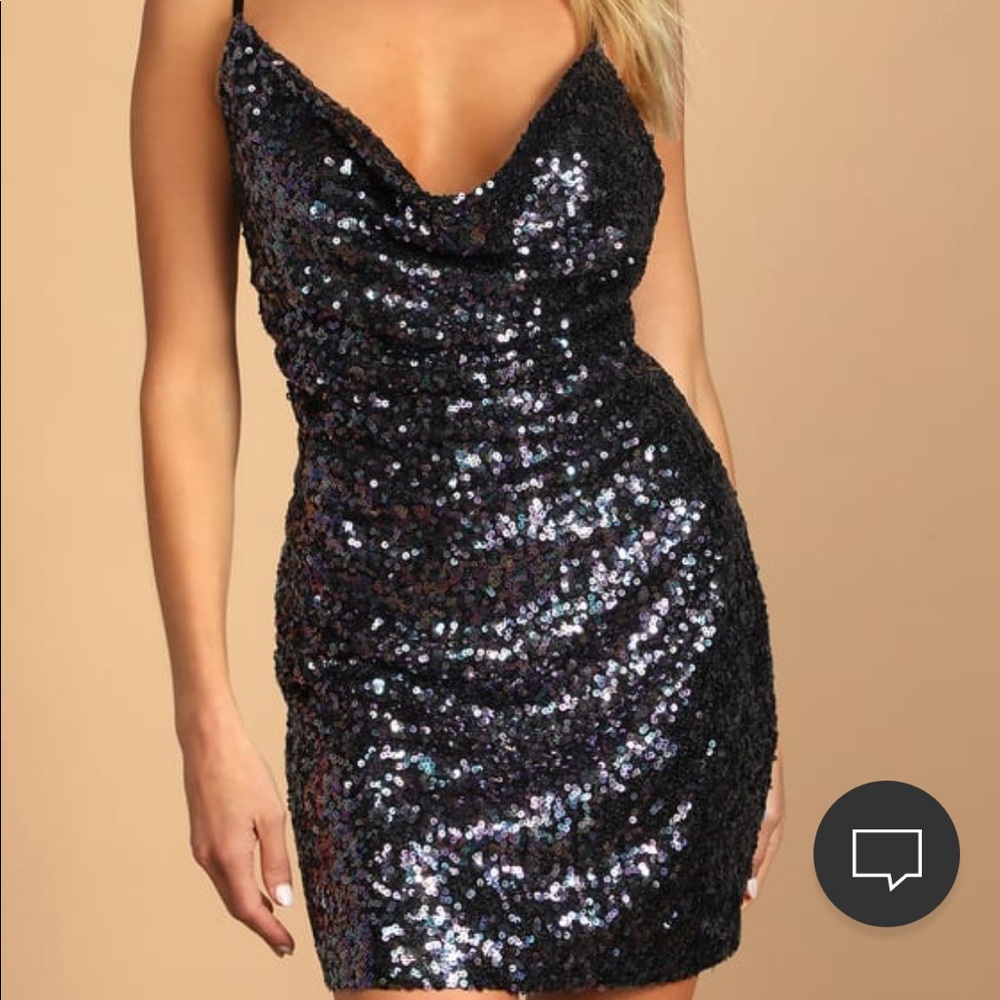 Lulus Shimmery Delight
Black Iridescent Sequin
Cowl Neck Mini Dress